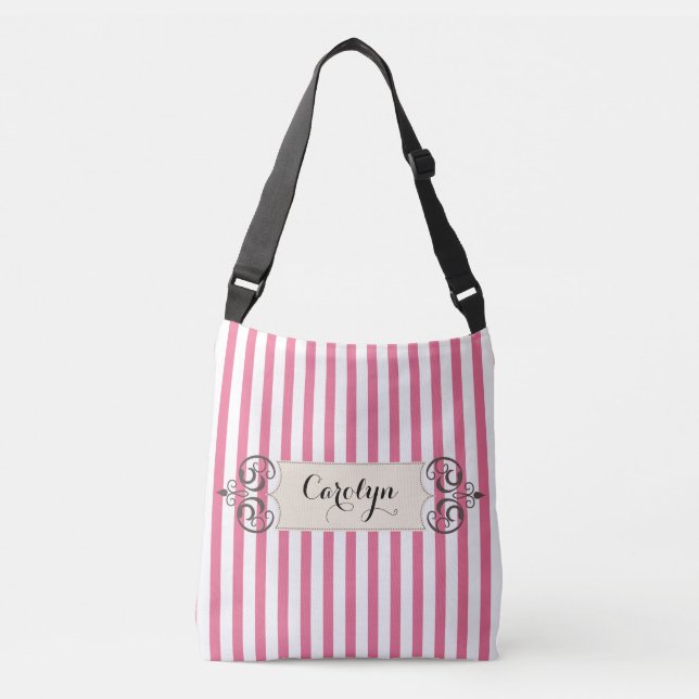 Pink and White Stripe Add Name Customized Bag (Front)