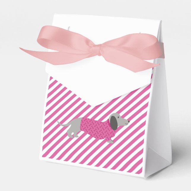 Pink and White Stripe  Dachshund Party Favor Bag Boxes (Front Side)