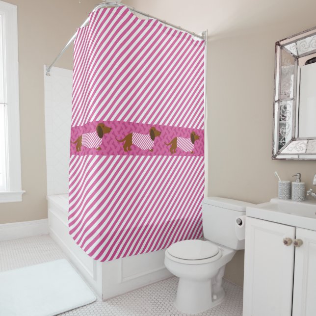 Pink and White Stripe Dachshund Shower Curtain (In Situ)