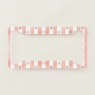 Pink and White Stripe - Hearts, Rose, Paw Print License Plate Frame