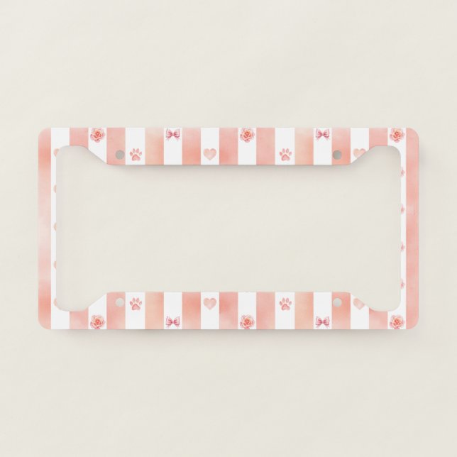Pink and White Stripe - Hearts, Rose, Paw Print License Plate Frame (Front)