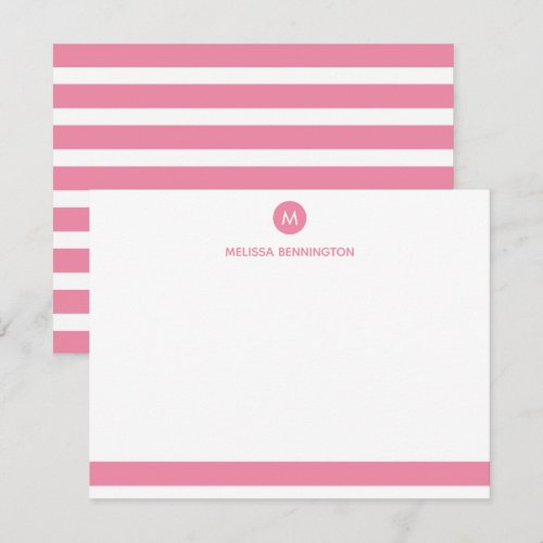 Pink and White Stripe Monogram Personalized Note Card