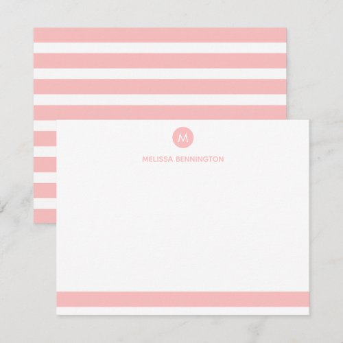 Pink and White Stripe Monogram Personalized Note Card