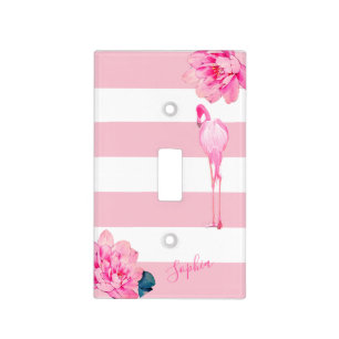 Pink And  White Stripe Pattern Flamingo Light Switch Cover