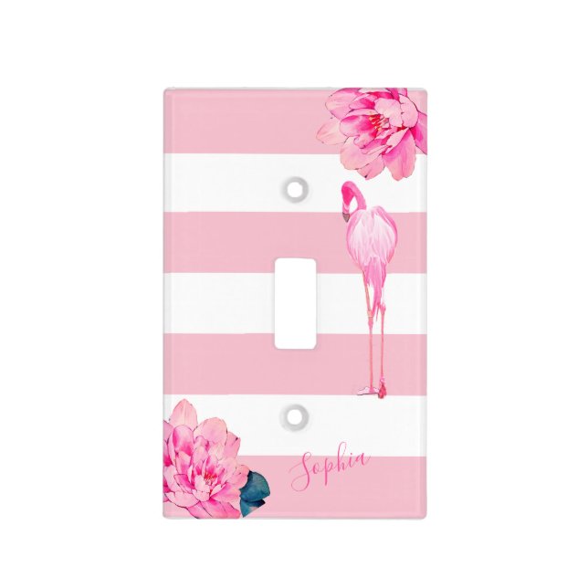 Pink And  White Stripe Pattern Flamingo Light Switch Cover (Front)