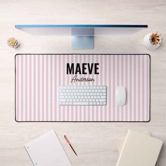 Pink and white stripe personalized modern elegant desk mat (Office 1)