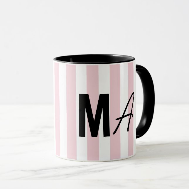 Pink and white stripe personalized modern monogram mug (Front Right)