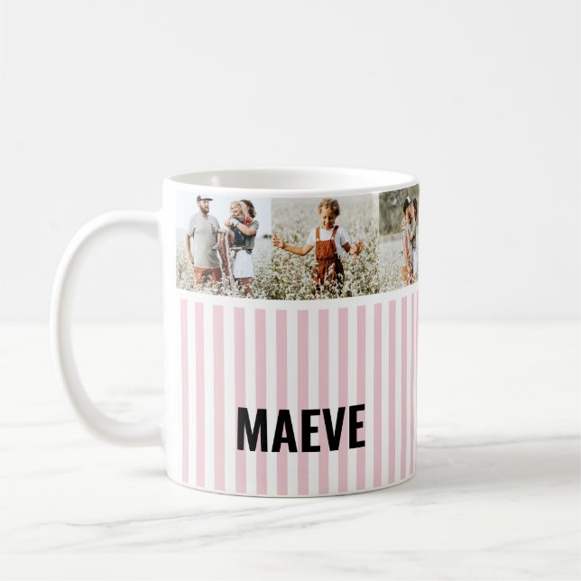 Pink and white stripe personalized modern photo coffee mug (Left)