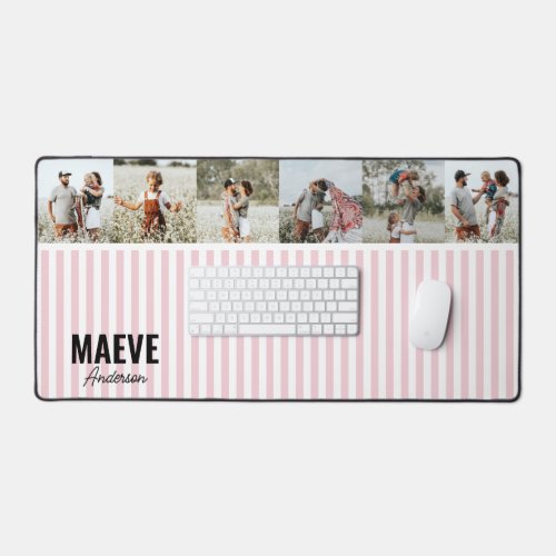 Pink and white stripe personalized modern photo desk mat