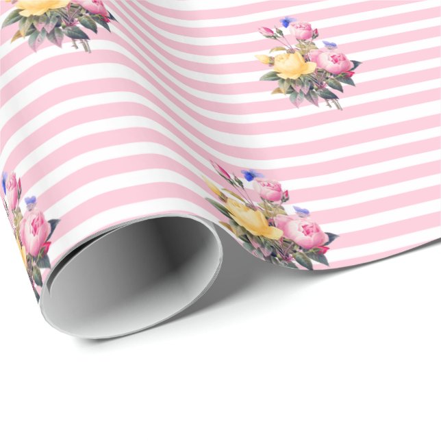 Pink and White Stripe Shabby Floral Chic Gift Wrap (Roll Corner)