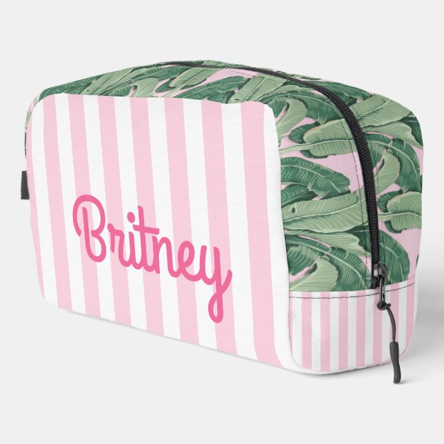 Pink and White Stripe Tropical | Personalized Dopp Kit (Right Corner)