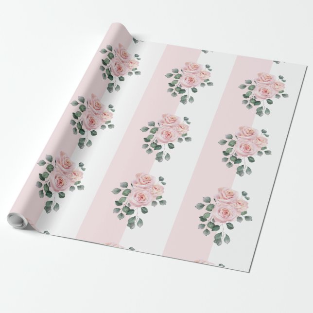 Pink and White Stripe Watercolor Roses Wrapping Paper (Unrolled)