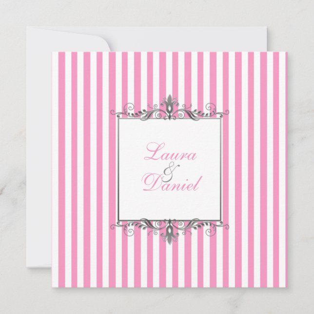 Pink and White Stripe with Silver Scrolls Invite (Front)