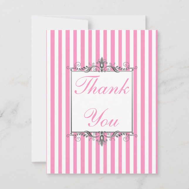 Pink and White Stripe with Silver Thank You Card (Front)