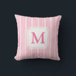 Pink and White Striped | Cabana Monogram Outdoor Pillow<br><div class="desc">This pink and white striped pillow has a trendy Palm Beach aesthetic when combined with a tropical leaf pattern. You can personalize this pillow with your monogram.</div>