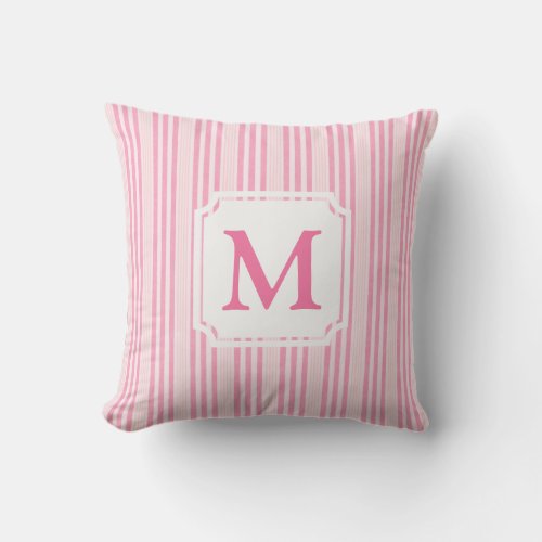 Pink and White Striped  Cabana Monogram Outdoor Pillow