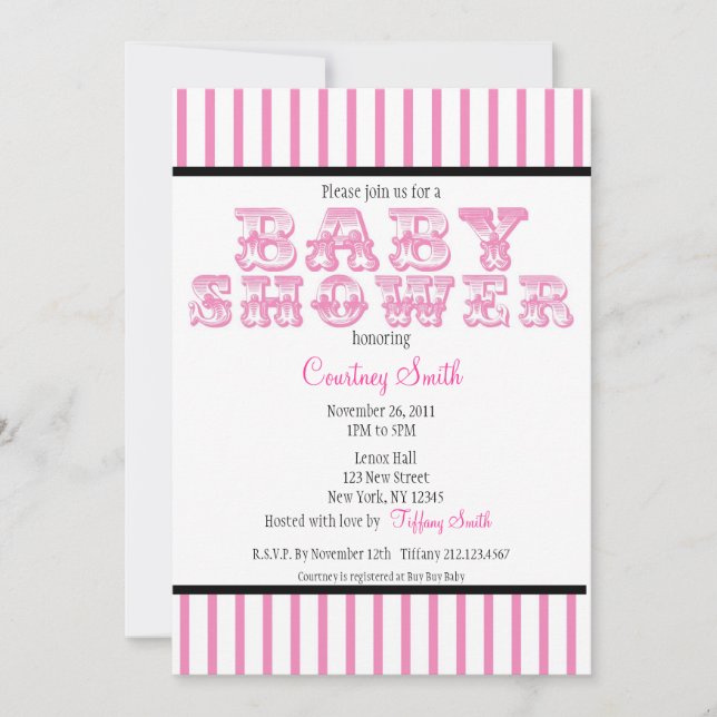 Pink and White Striped Circus Baby Shower Invitati Invitation (Front)