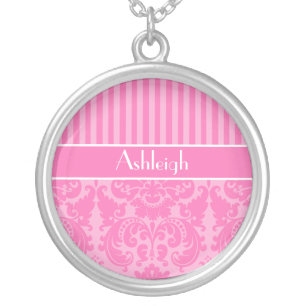 Pink and White Striped Damask Necklace