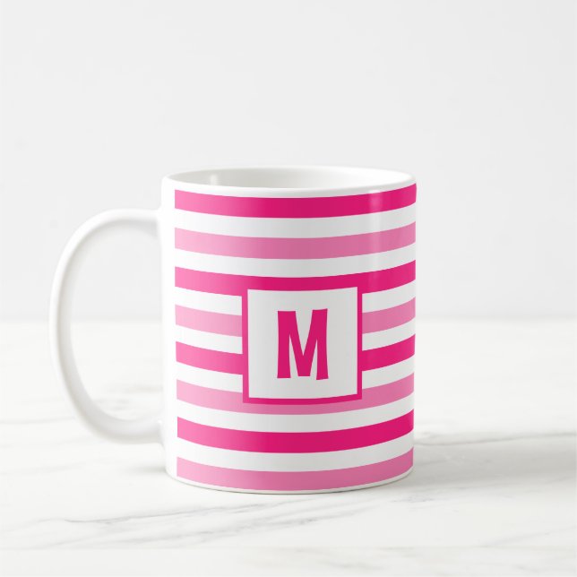 Pink and White Striped Design Single Initial Coffee Mug (Left)