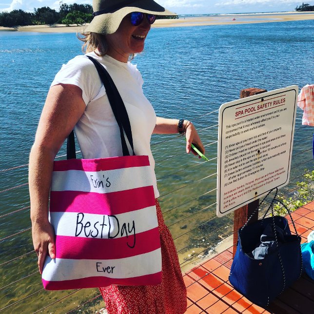 Pink and White Striped Fun Chic Personalized Tote Bag (Creator Uploaded)