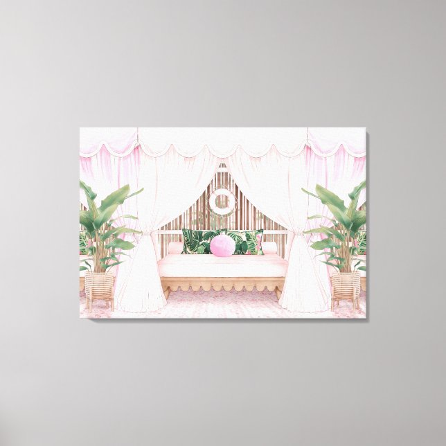 Pink and White Striped Hotel Pool Cabana Canvas Print (Front)