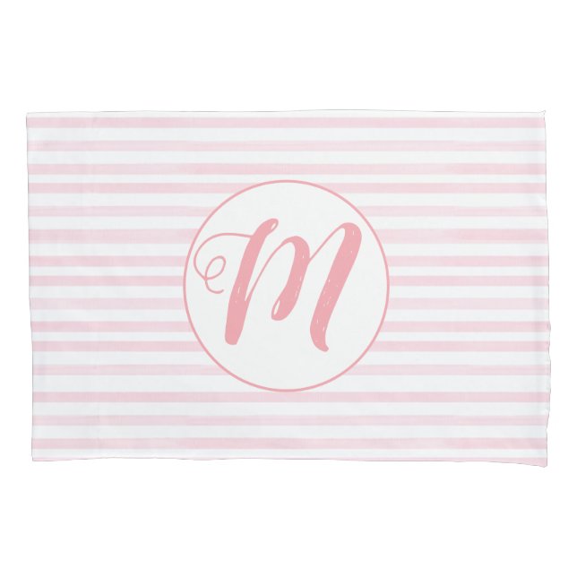 Pink and White Striped Monogrammed Pillow Case (Front)