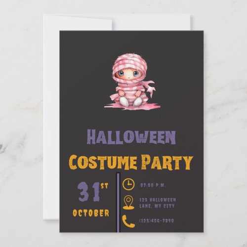 Pink and White Striped Mummy Black Halloween Invitation