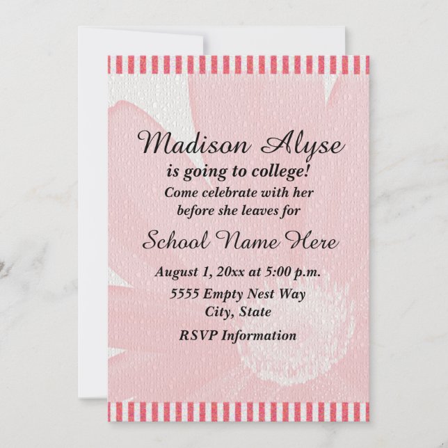 Pink and White Striped  "Off To College" Invite (Front)