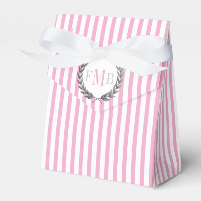 Pink and white striped pattern wedding favor boxes (Front Side)