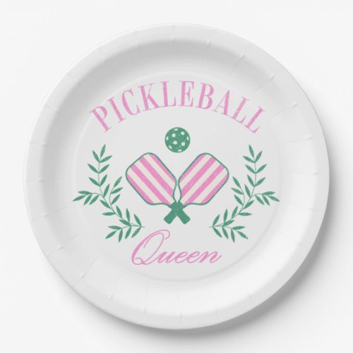 Pink and White Striped  Pickleball Queen Paper Plates