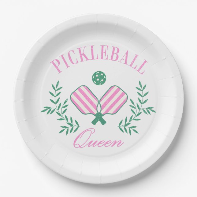 Pink and White Striped | Pickleball Queen Paper Plates (Front)