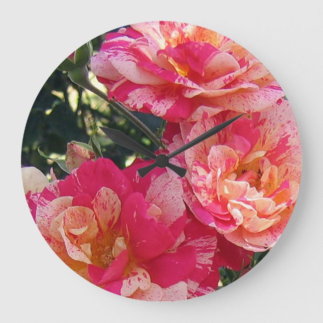 Pink and White Striped Roses Floral Art Large Clock (Front)