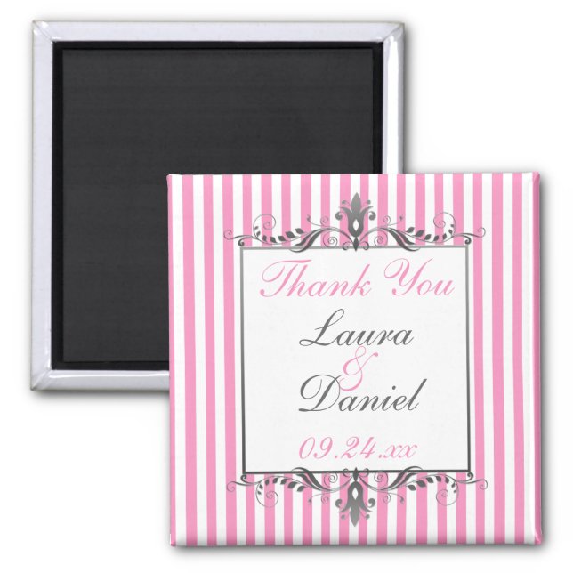 Pink and White Striped Wedding Favor Magnet (Front)