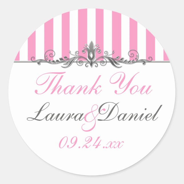 Pink and White Striped Wedding Favor Sticker (Front)