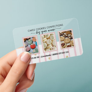Pink and white stripes 3 photos clear business cards
