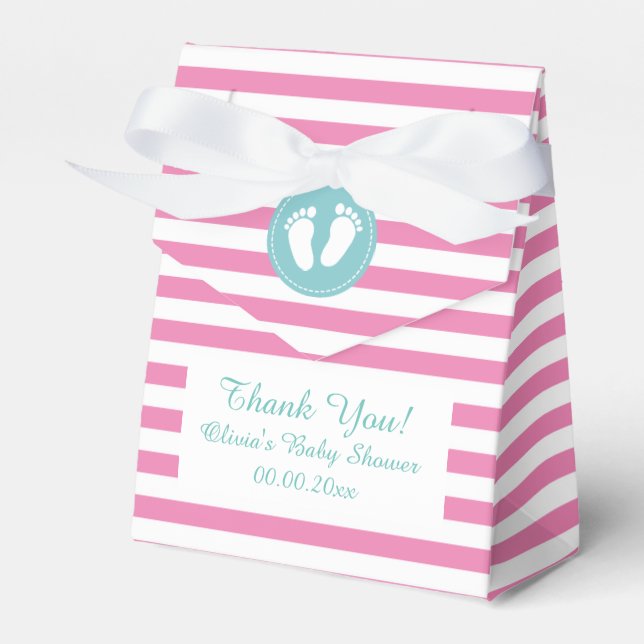 Pink and white stripes baby shower party favor box (Front Side)