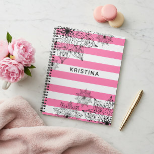 Pink and White Stripes Black Boho Floral Mandala Planner