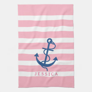 Pink And White Stripes Blue Nautical Anchor 2 Towel