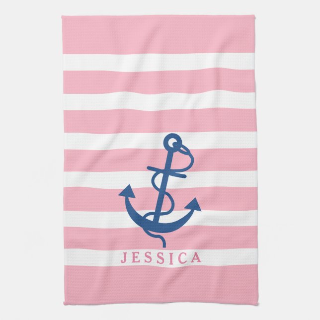 Pink And White Stripes Blue Nautical Anchor 2 Towel (Vertical)