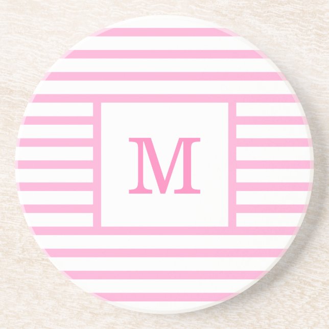 Pink and White Stripes Custom Monogram Sandstone Coaster (Front)
