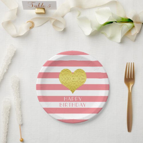 Pink And White Stripes Gold Heart Happy Birthday Paper Plates
