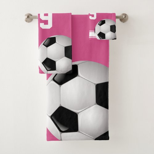 Pink and White Stripes Jersey Soccer Ball Bath Towel Set