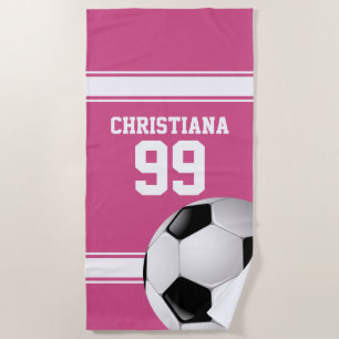 Pink and White Stripes Jersey Soccer Ball Beach Towel