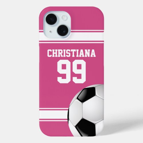Pink and White Stripes Jersey Soccer Ball iPhone 15 Case