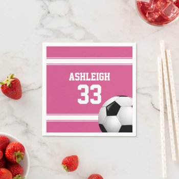 Pink And White Stripes Jersey Soccer Ball Napkins by giftsbonanza at Zazzle