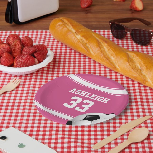 Pink and White Stripes Jersey Soccer Ball Paper Plates (Picnic)