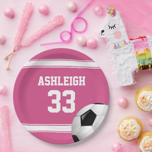 Pink and White Stripes Jersey Soccer Ball Paper Plates
