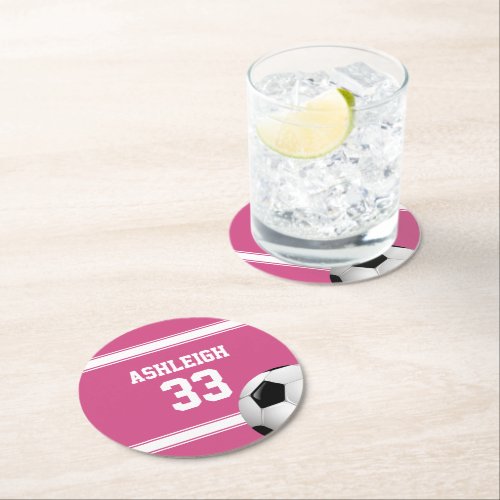 Pink and White Stripes Jersey Soccer Ball Round Paper Coaster