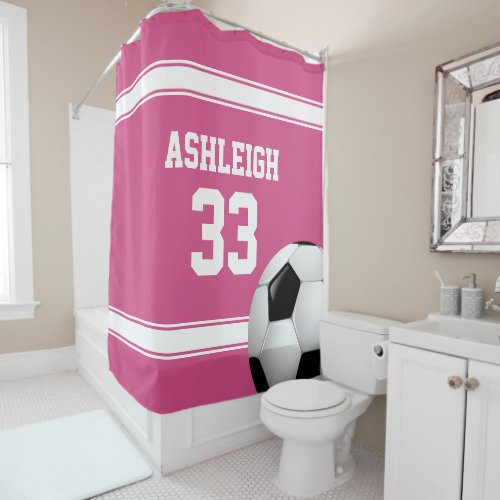 Pink and White Stripes Jersey Soccer Ball Shower Curtain