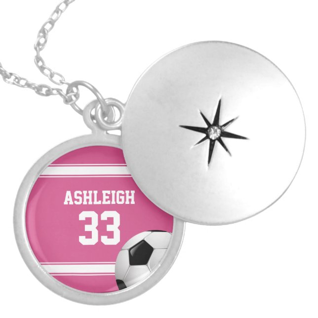 Pink and White Stripes Jersey Soccer Ball Silver Plated Necklace (Front)